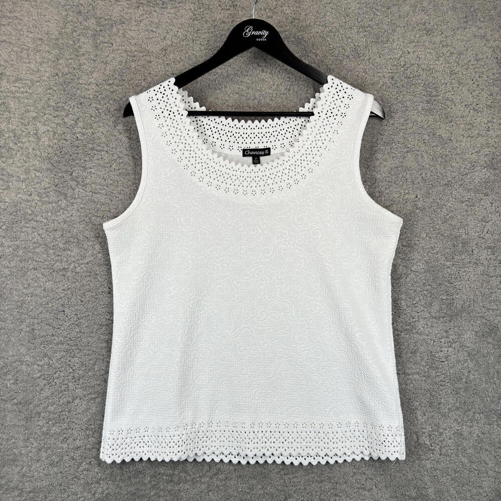 White Lace Tank Top Chances R‎ Sz L Cutouts Sleeveless Floral Embossed Stretchy